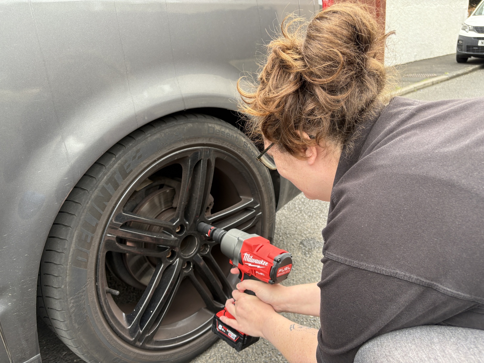 Wheel off, checking the brakes on the Campergirl Van 001 build