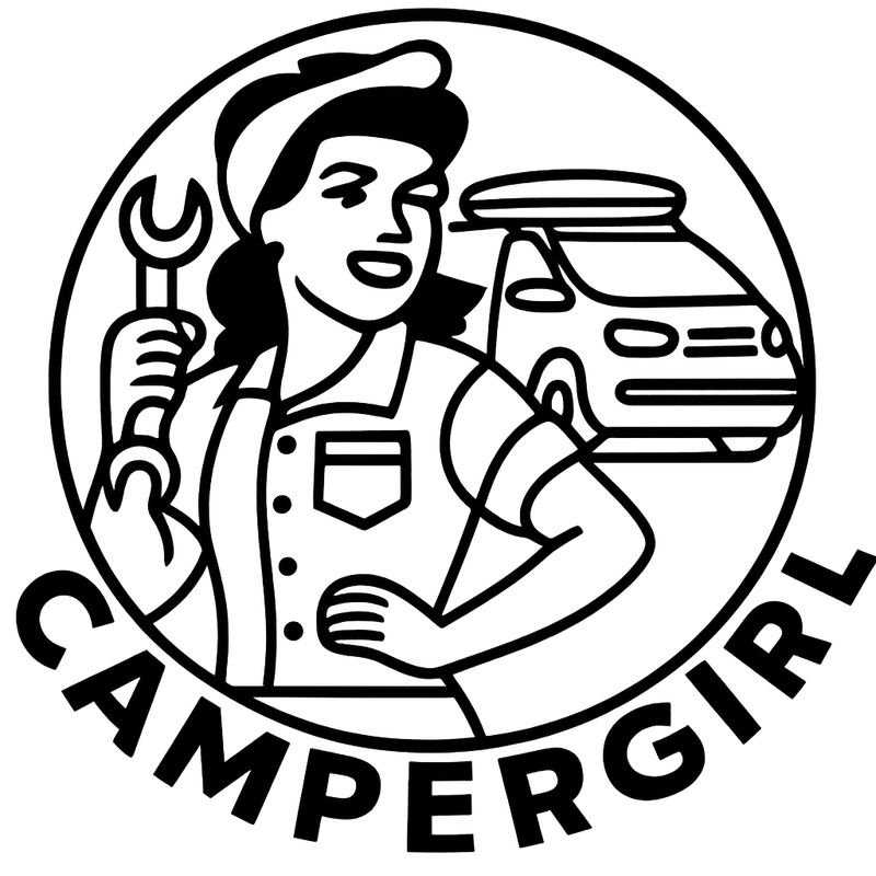 Campergirl badge logo — illustrated mechanic holding a wrench in front of a campervan